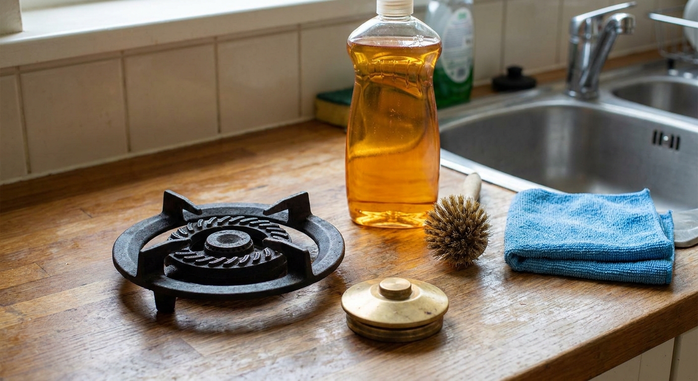 A gas stove burner cap and burner head on a counter next to a soft brush, dish soap, and a microfiber cloth
