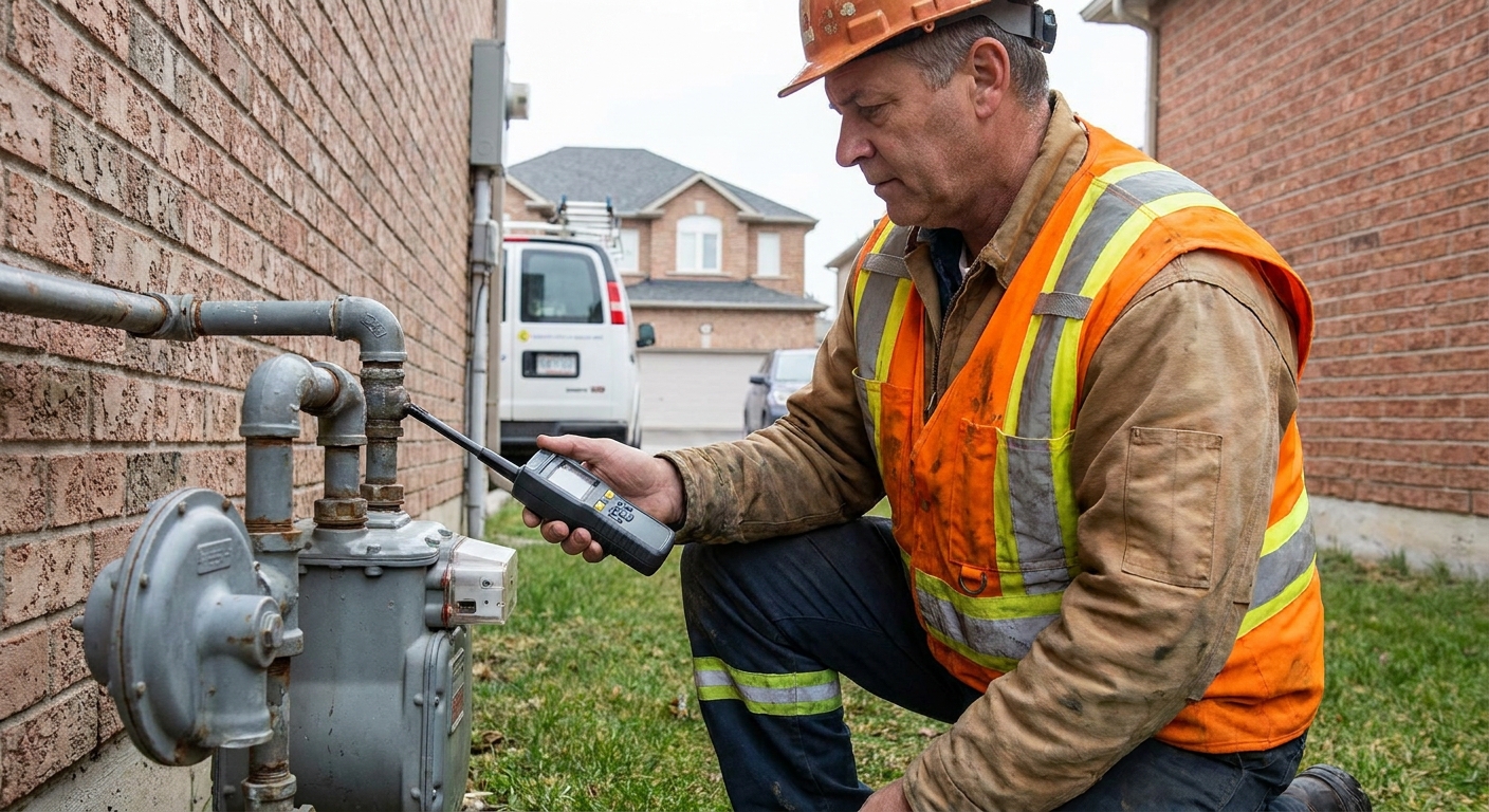 A gas utility technician in a reflective vest standing near an exterior gas meter at a home, holding a handheld gas detector, realistic documentary photograph