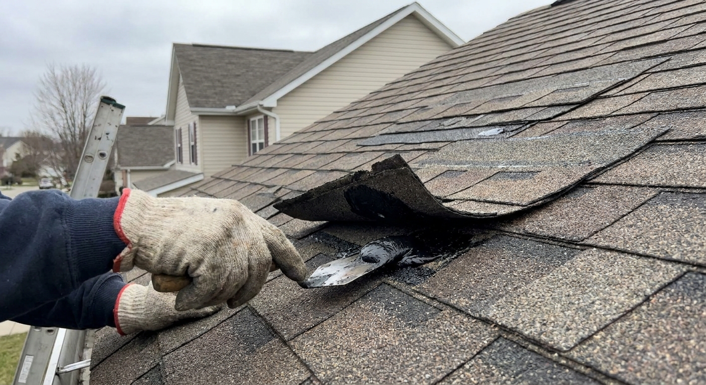 A gloved hand applies a small dab of asphalt roofing cement under a lifted shingle tab on a residential roof, real photo