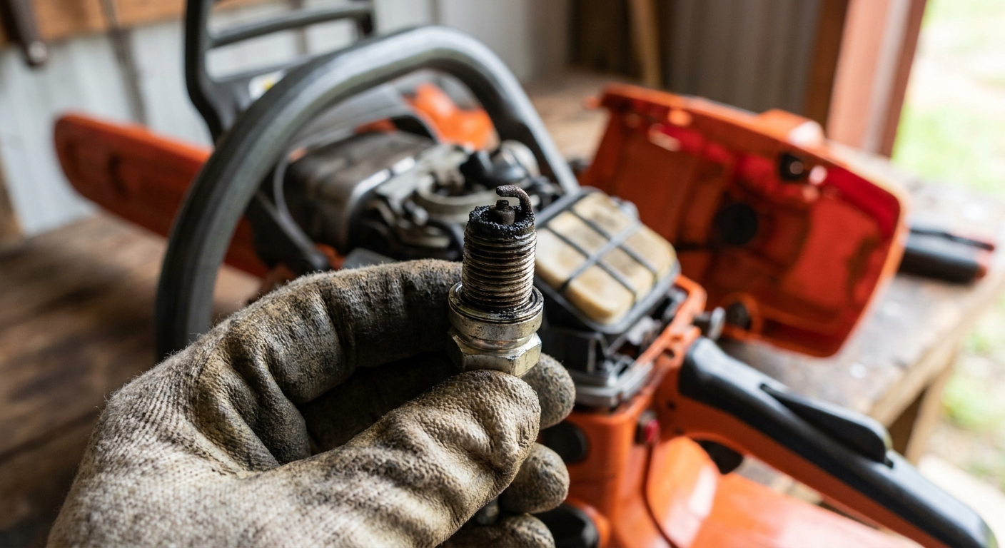 A gloved hand holding a used chainsaw spark plug in front of the open engine cover, showing carbon buildup on the electrode