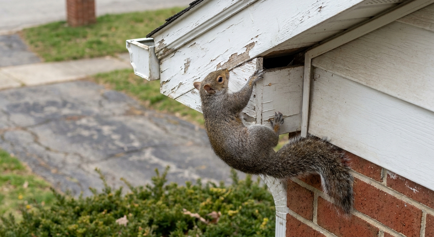 A gray squirrel clinging to a weathered soffit corner on a suburban house, peering into a small gap near the roofline, real wildlife photography style