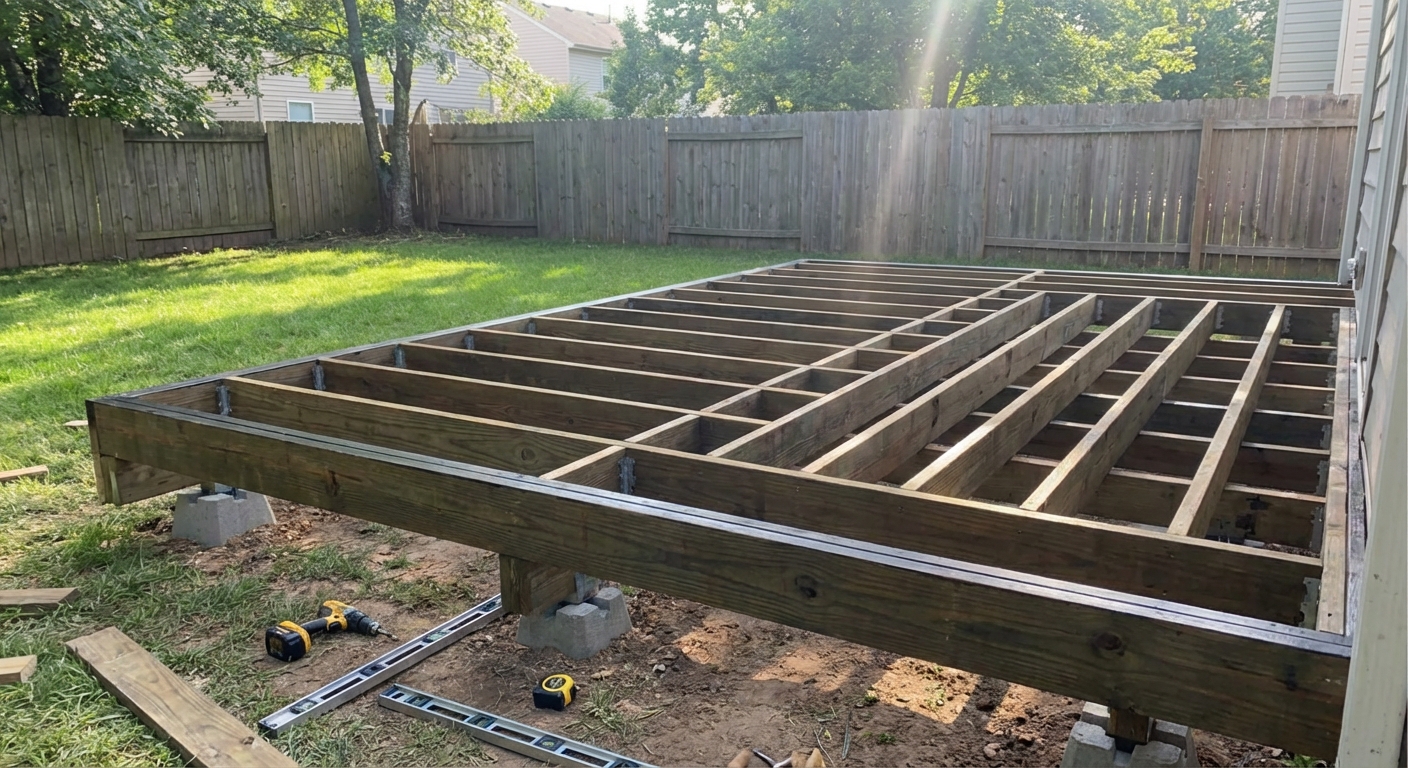 A ground-level deck frame with pressure-treated rim joists and evenly spaced joists, resting on deck blocks in a backyard, realistic construction photo
