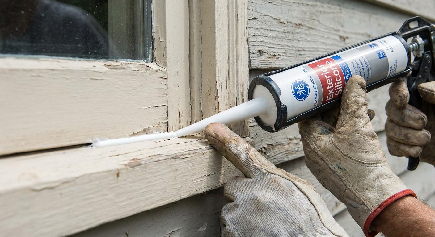 A hand applying a neat bead of exterior caulk along the seam between window trim and siding