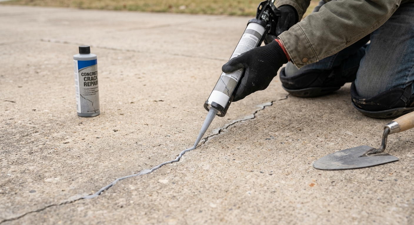 A hand applying a thin bead of liquid concrete crack filler along a hairline crack on a driveway