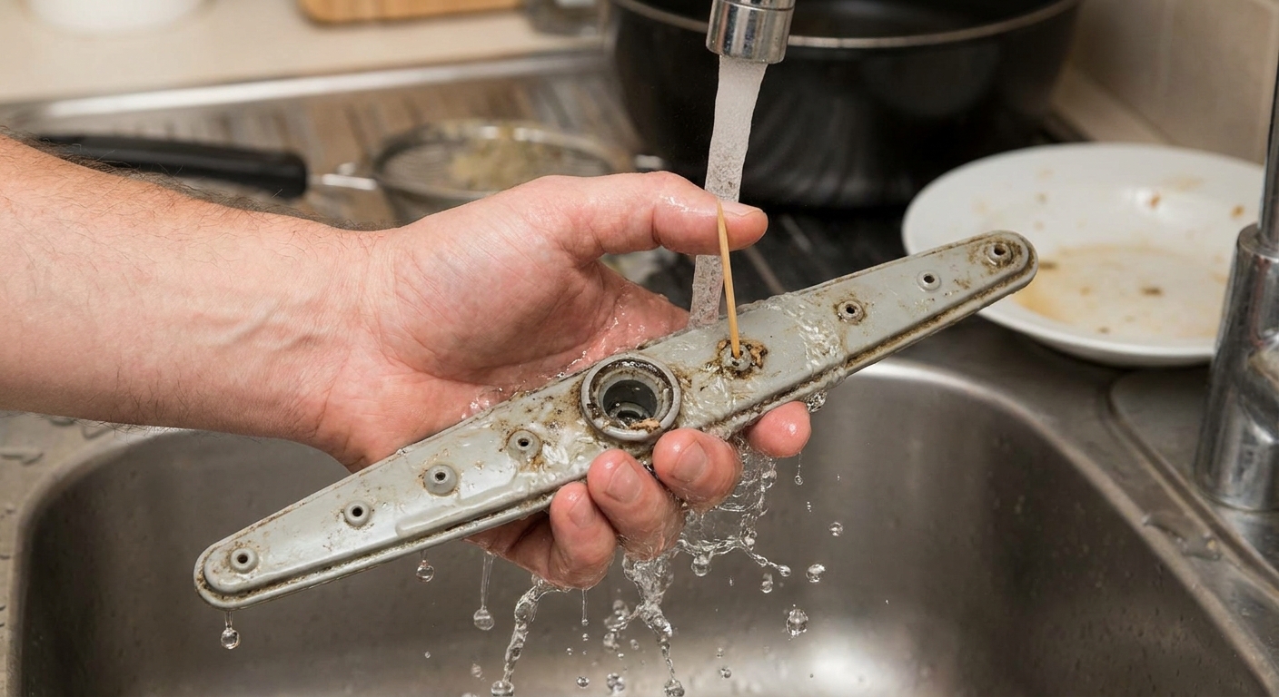 A hand holding a dishwasher spray arm under running water while using a toothpick to clear a clogged spray hole