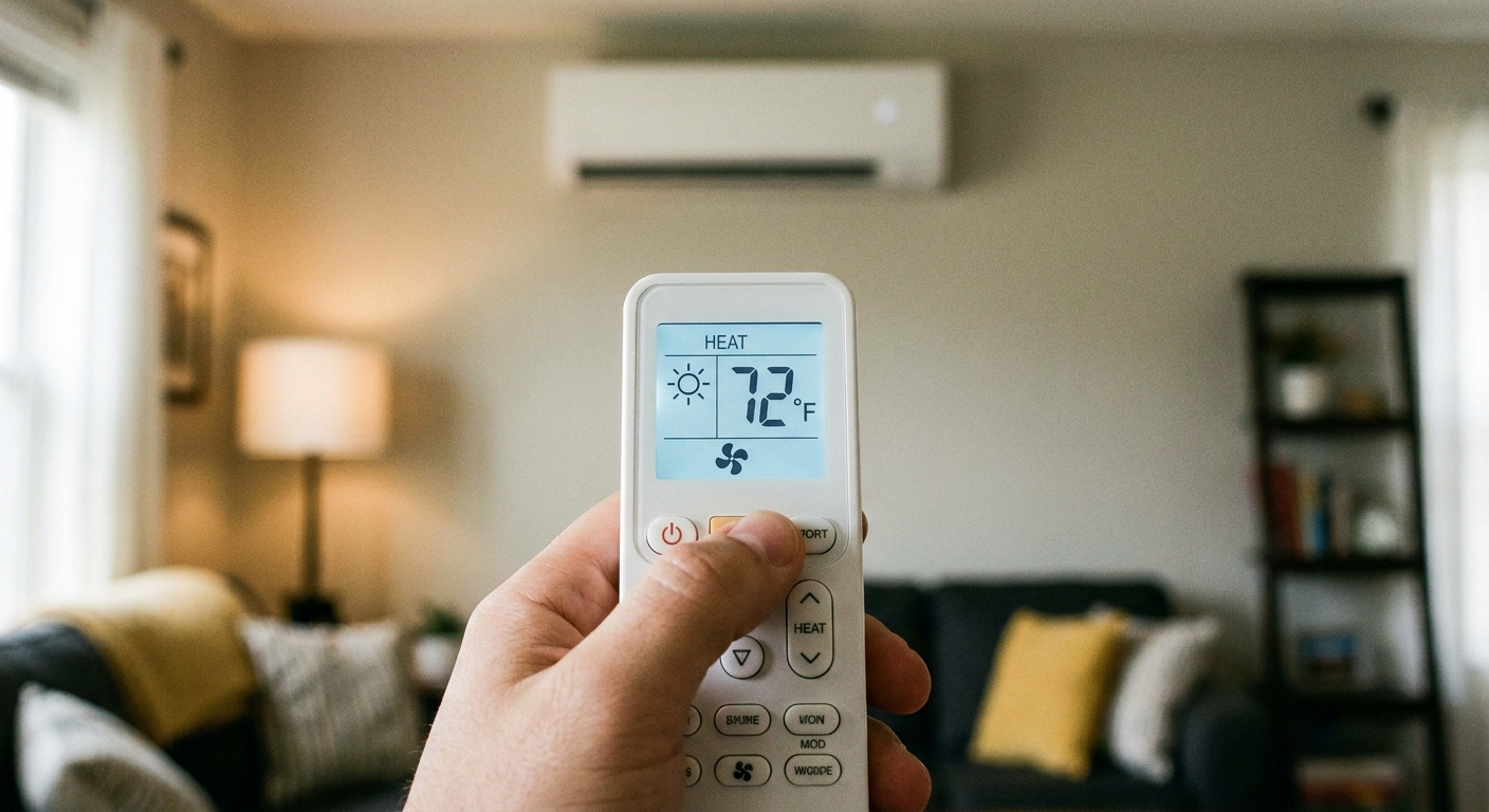 A hand holding a ductless mini-split remote control showing heat mode and temperature settings, photographed close up