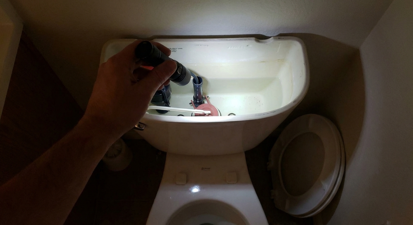 A hand holding a flashlight over an open toilet tank while checking the water level