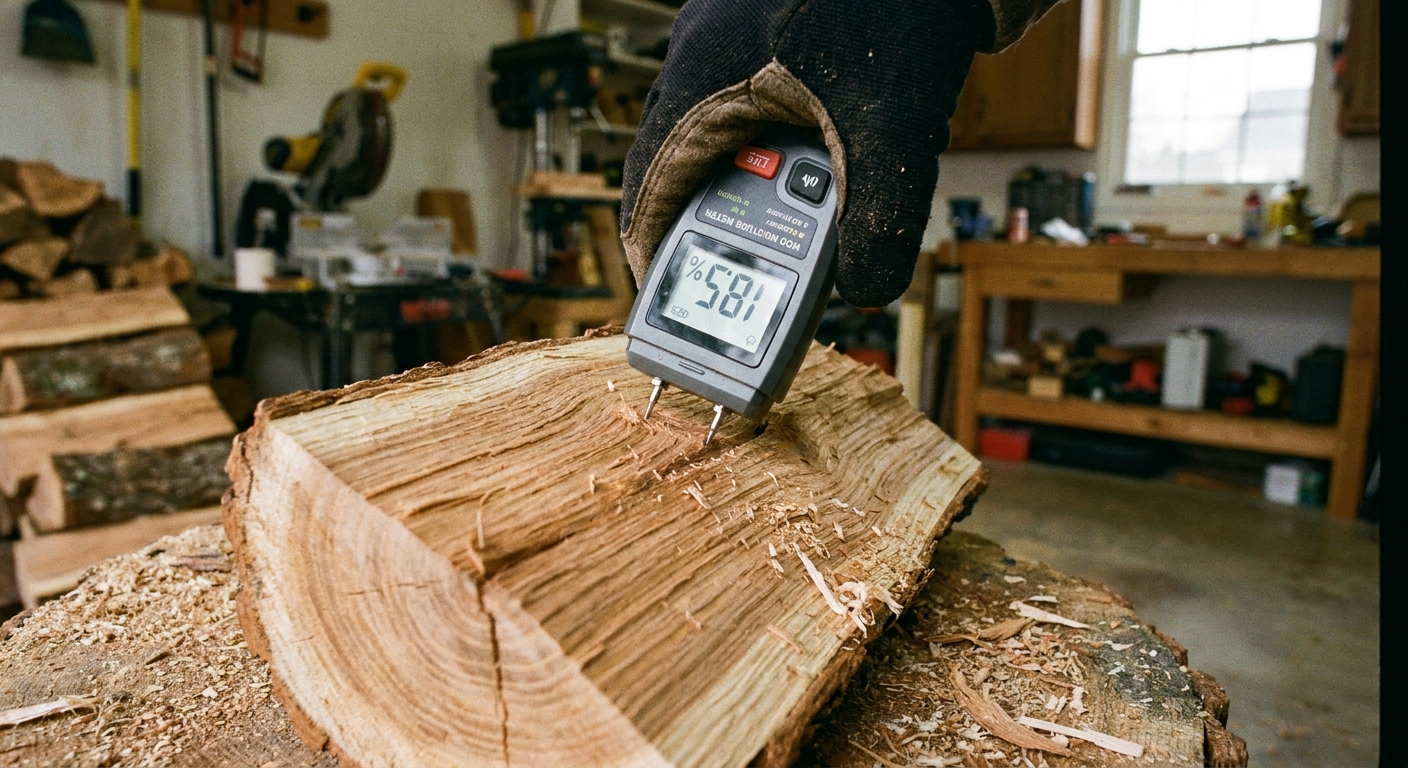 A hand holding a moisture meter pressed into the freshly split face of a firewood log, close-up photo in a garage
