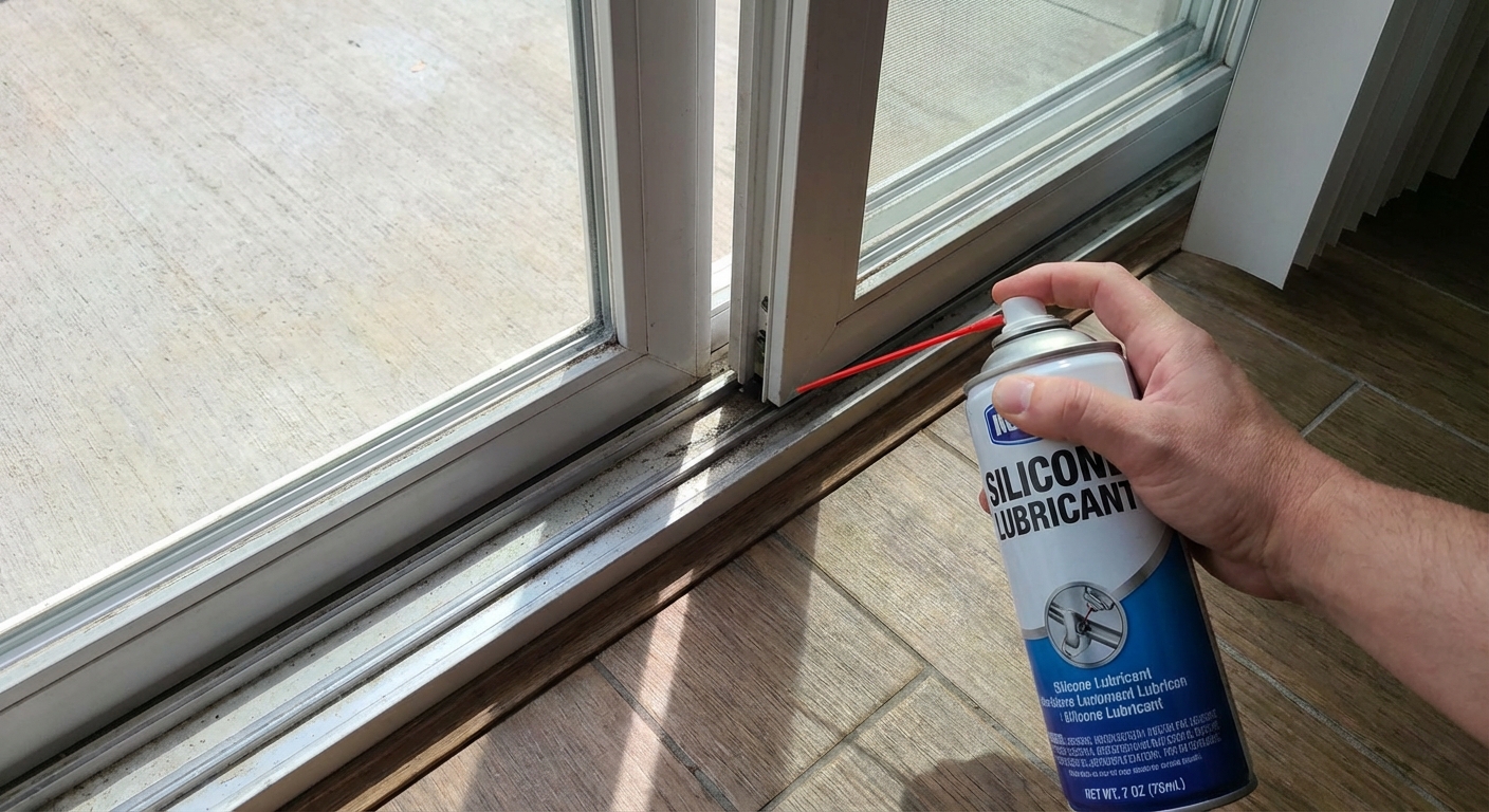 A hand holding a silicone spray lubricant can near the bottom track of a sliding glass door, aimed at the roller path with the door open, indoor daylight