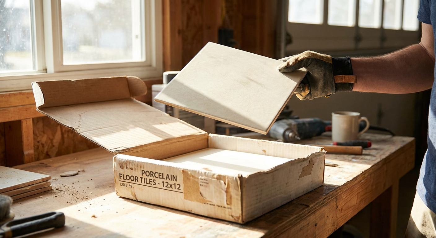 A hand holding a single replacement porcelain tile above an open cardboard tile box on a garage workbench, natural light, realistic DIY photo