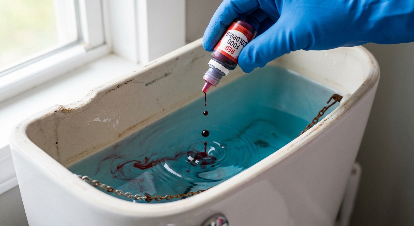 A hand holding a small bottle of food coloring over an open toilet tank, with a few drops falling into the tank water, close-up, photorealistic