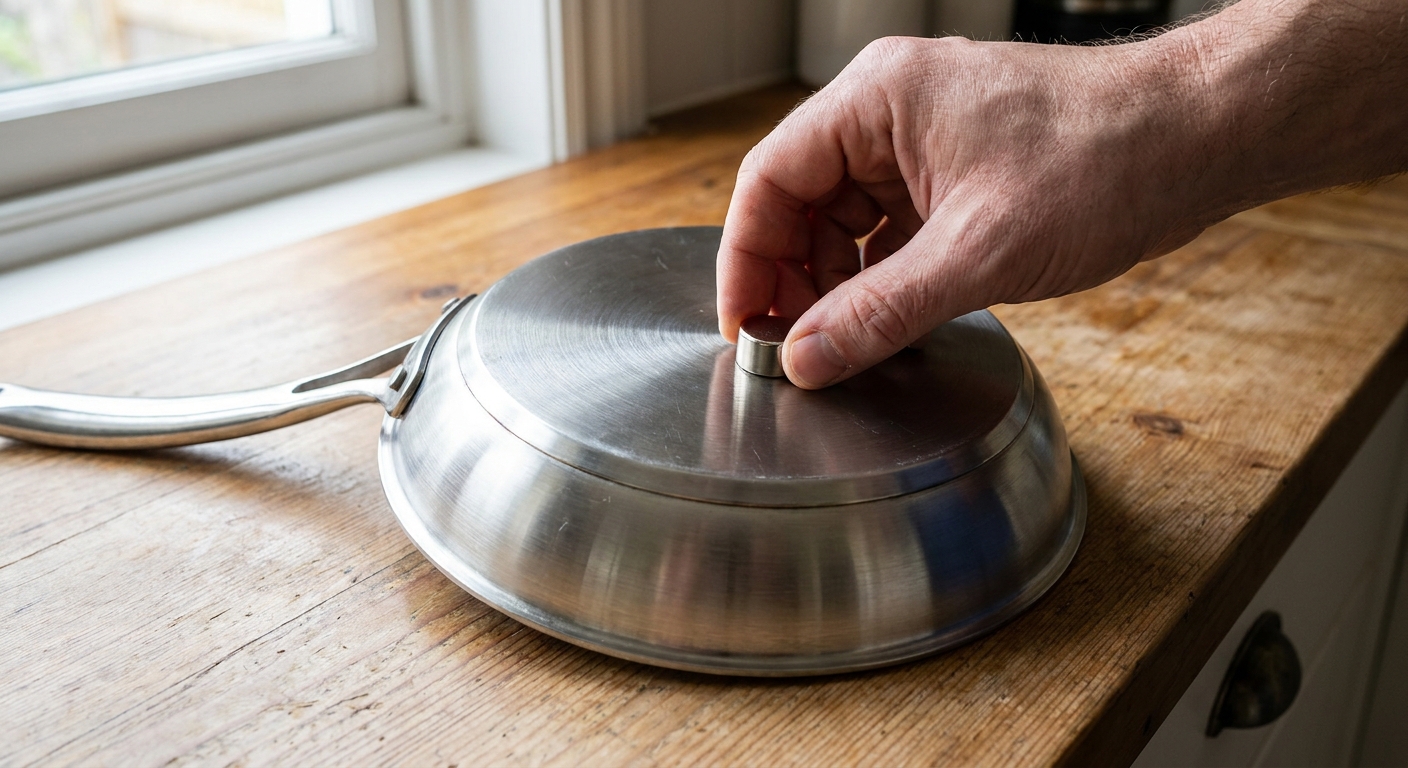 A hand holding a small magnet against the bottom of a stainless steel frying pan on a countertop, showing the magnet sticking firmly