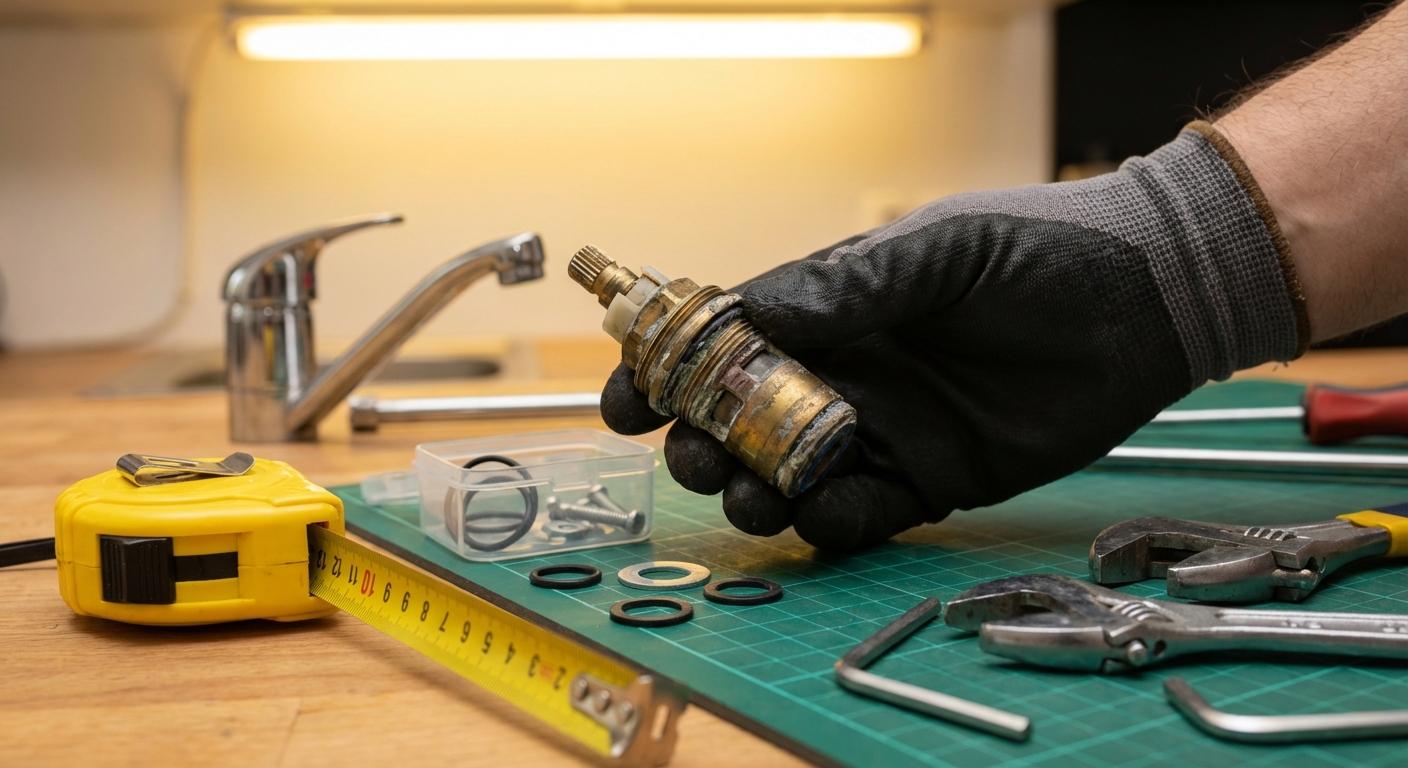 A hand holding a used kitchen faucet cartridge over a workbench with a measuring tape nearby and small parts laid out neatly, workshop lighting