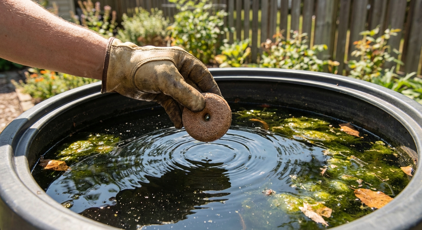 A hand in a work glove placing a mosquito larvicide dunk into a rain barrel filled with water, close-up, outdoor daytime, photorealistic