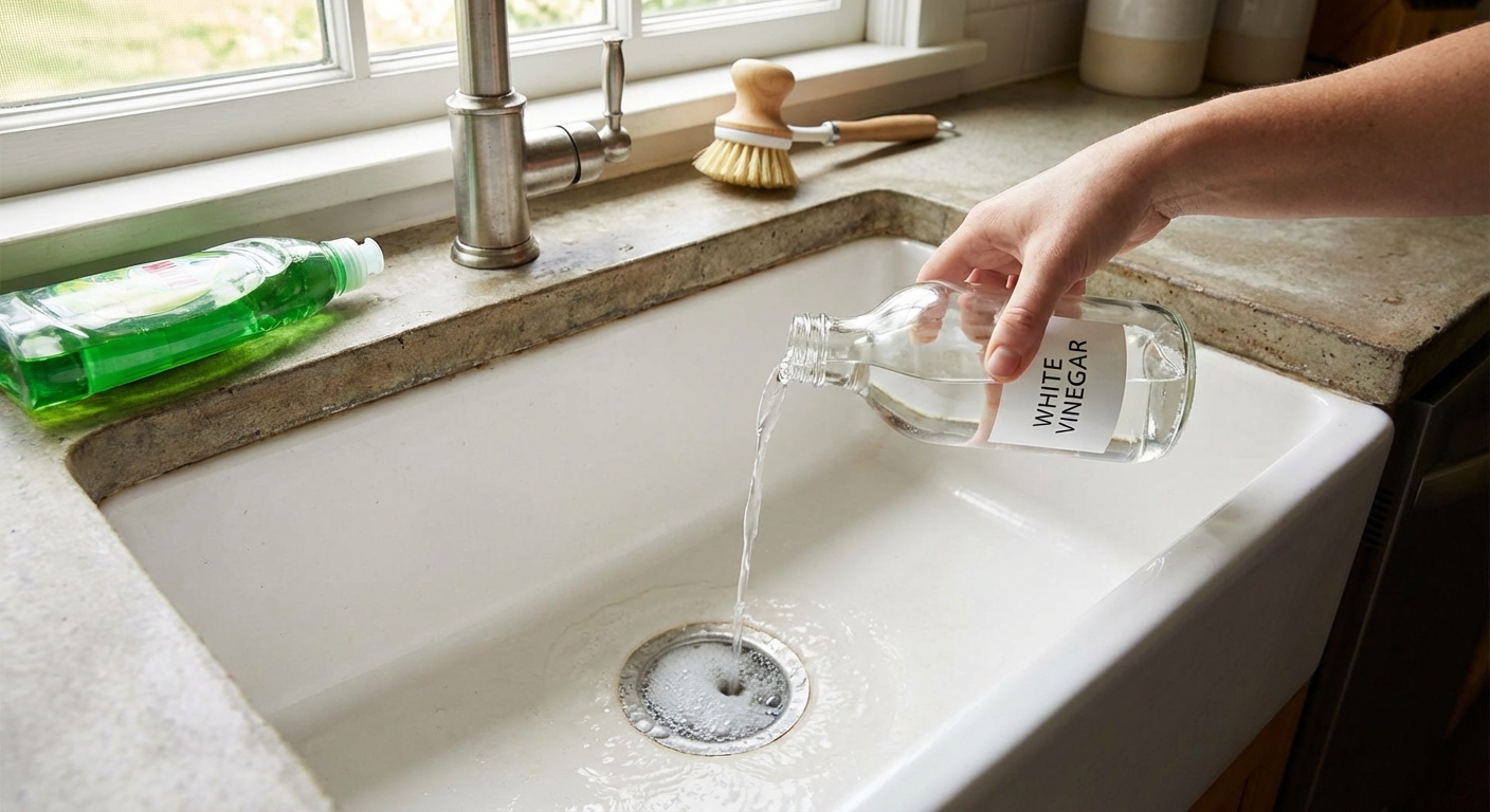 A hand pouring white vinegar into a kitchen sink drain