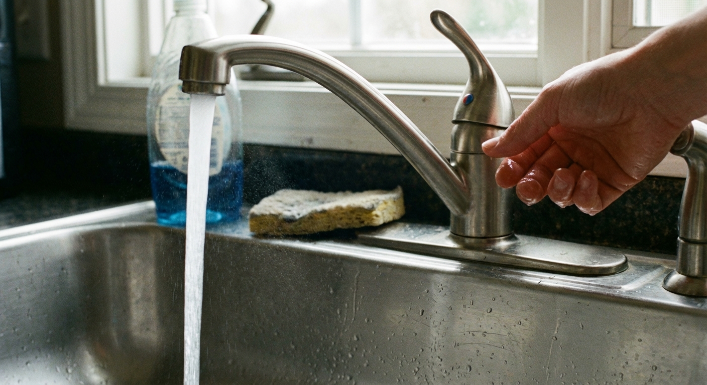 A hand turning on a kitchen faucet with a steady stream of cold water flowing into a stainless-steel sink, realistic photo