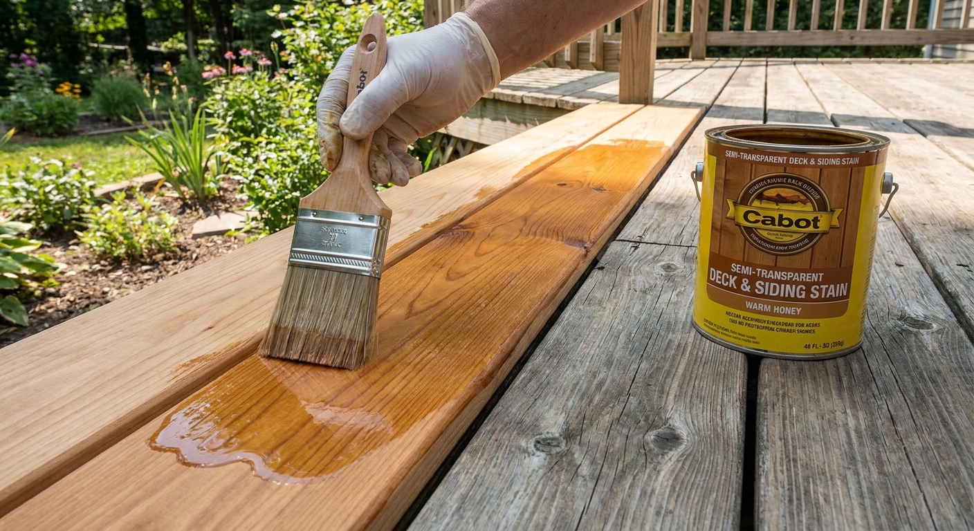 A hand using a stain brush to apply semi-transparent deck stain to a newly replaced deck board