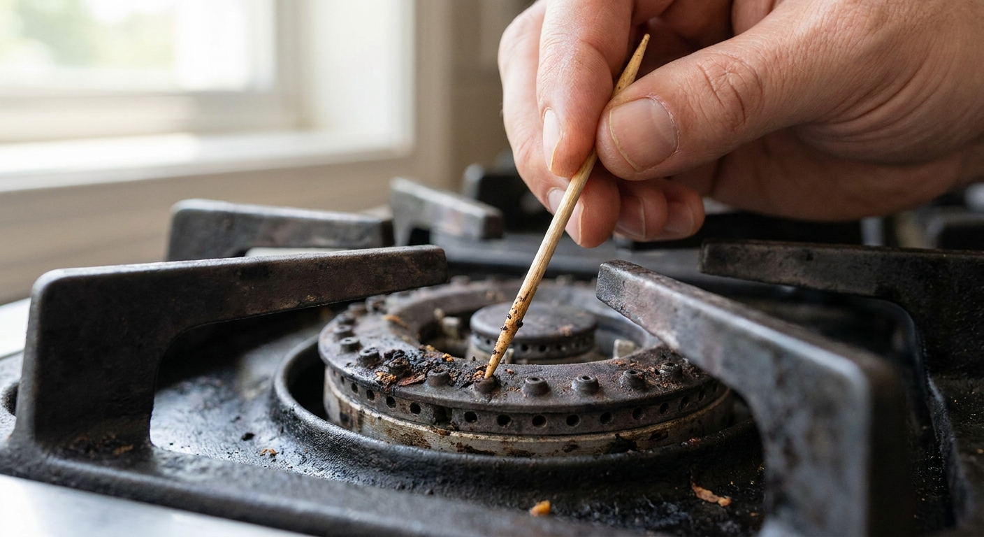 A hand using a wooden toothpick to gently clear debris from the small gas ports on a burner head