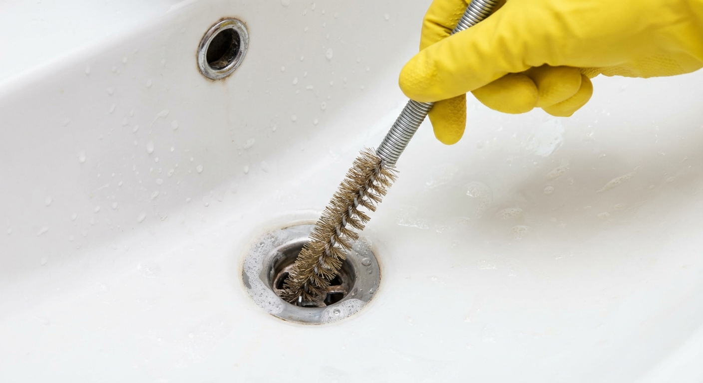 A hand wearing a rubber glove using a long flexible drain brush to scrub inside a bathroom sink drain, close-up, photorealistic