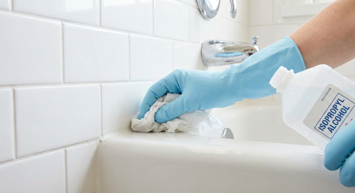 A hand wiping the bathtub-to-tile corner seam with a white cloth and isopropyl alcohol, close-up, clean bathroom setting, photorealistic