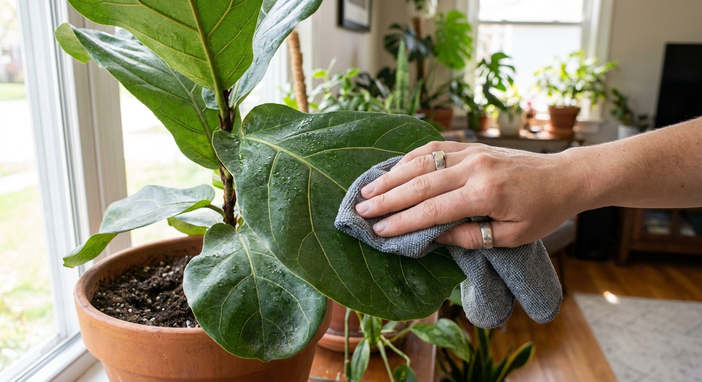 A hand wiping the underside of a houseplant leaf with a damp cloth