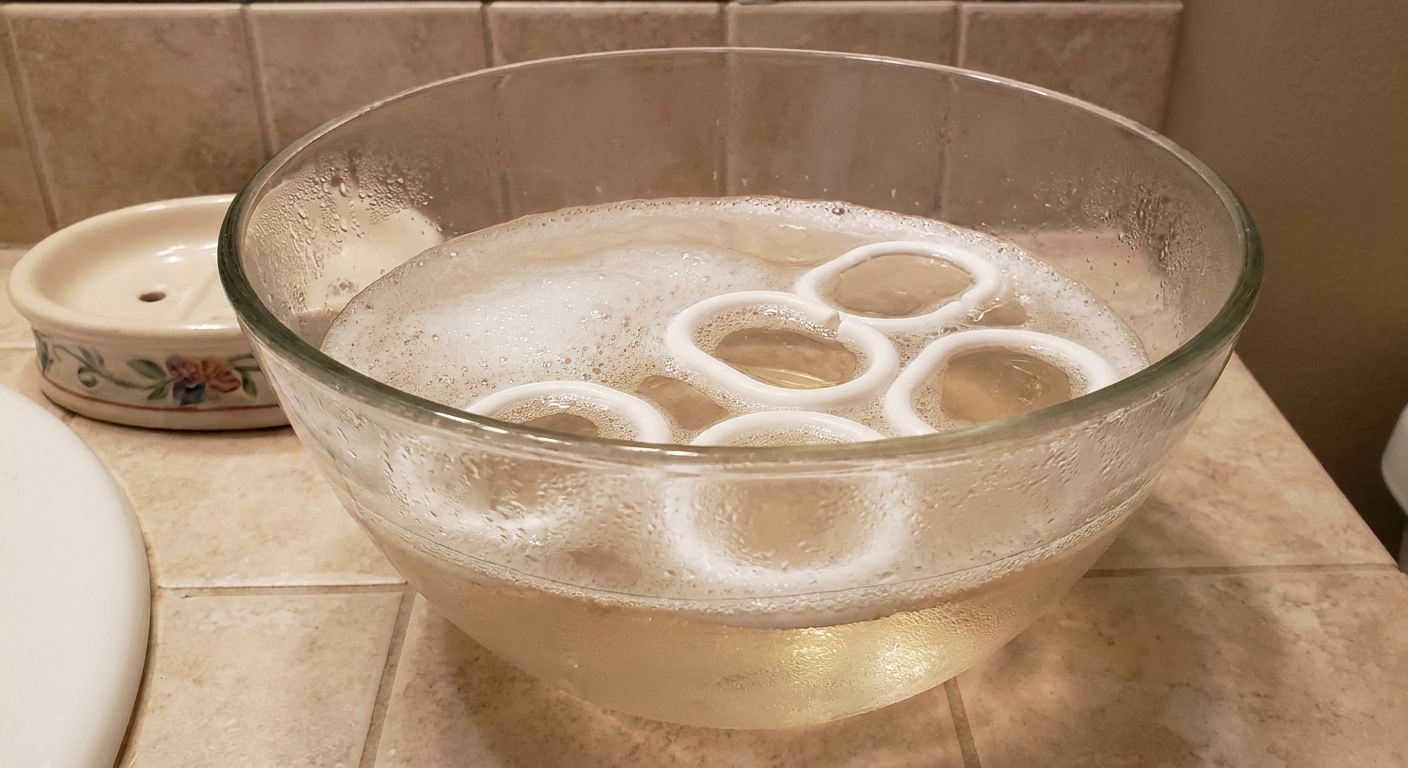 A handful of white shower curtain rings soaking in a clear bowl of warm soapy water on a bathroom counter, close-up photo