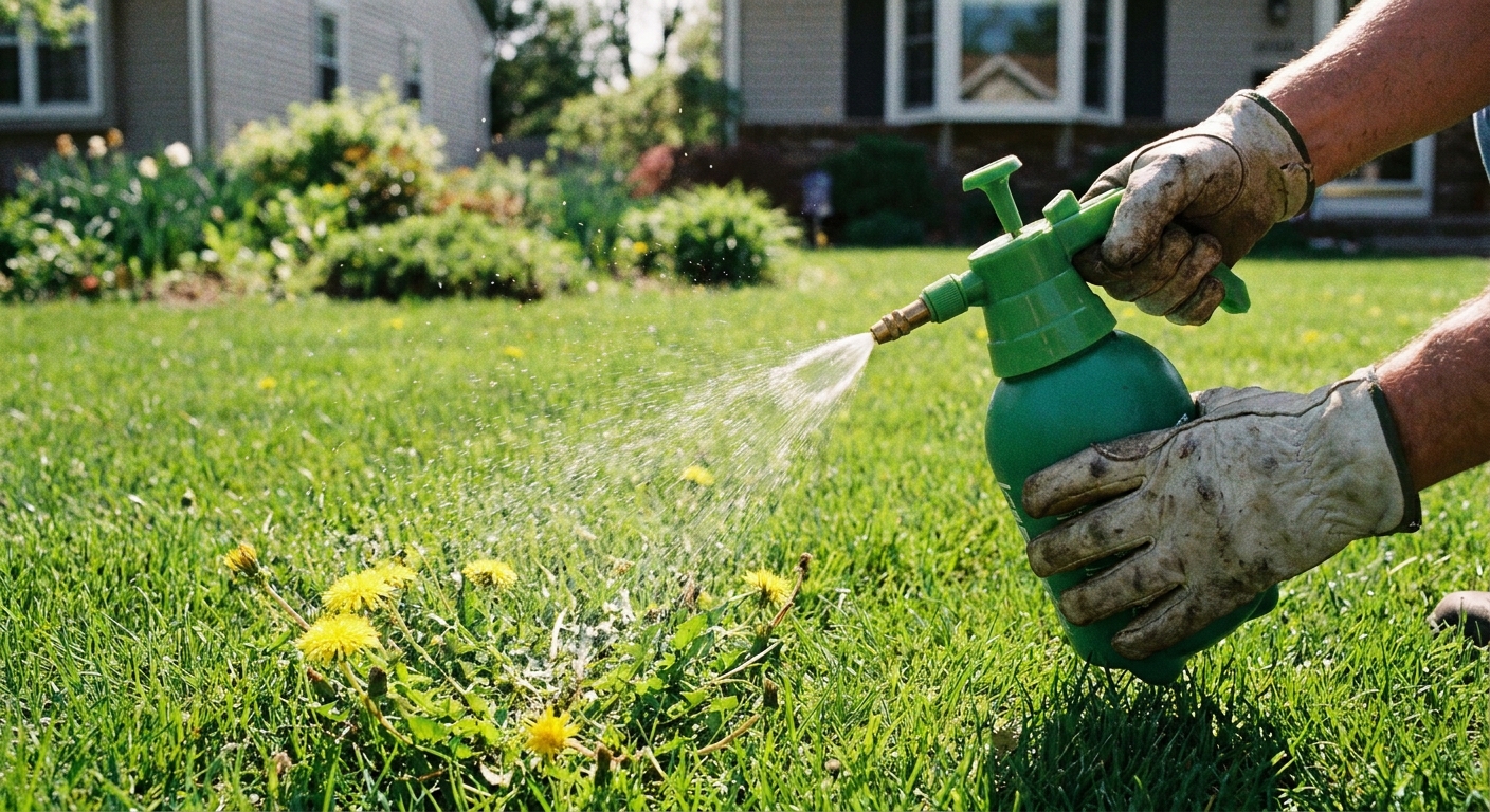 A handheld pump sprayer being used to apply a targeted spray to a small patch of grassy weeds in a lawn