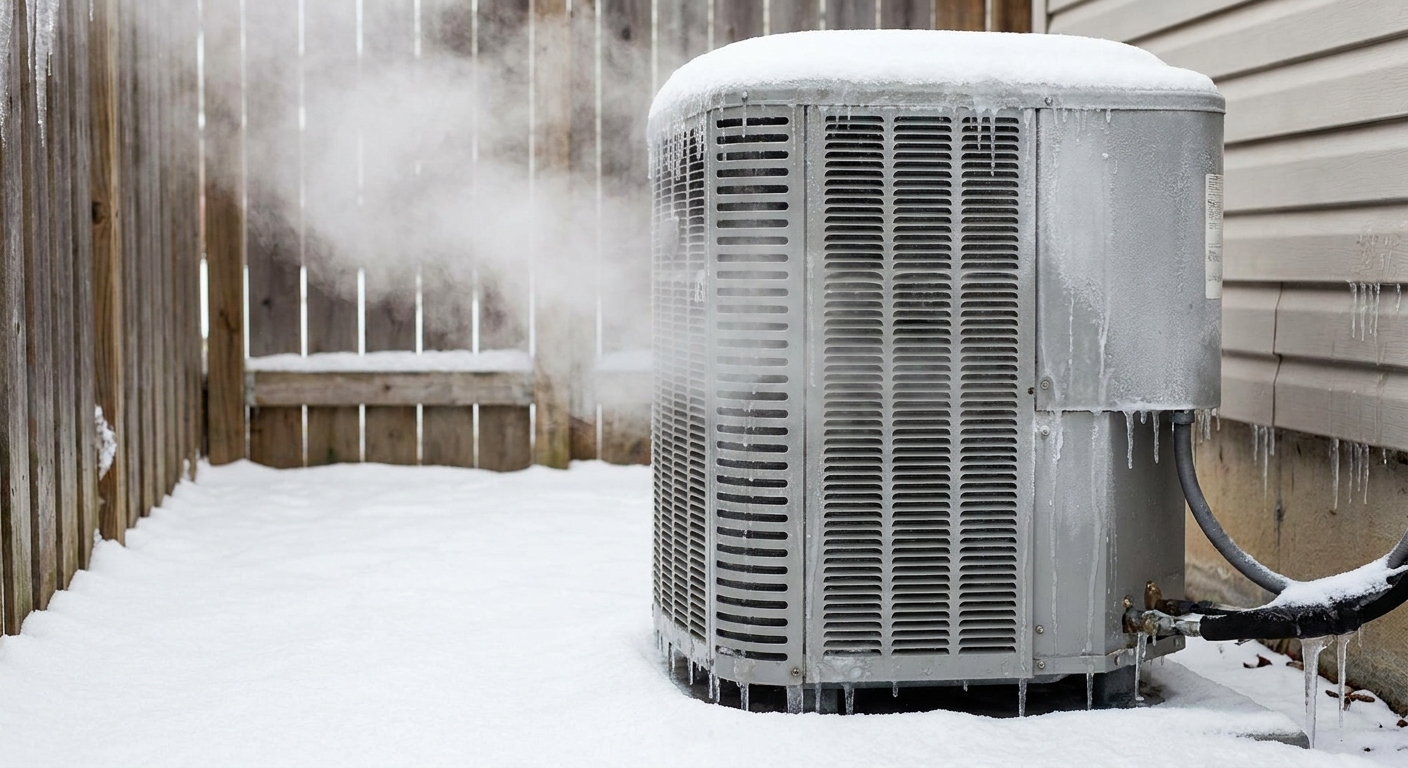 A heat pump outdoor unit releasing a small plume of steam as ice melts during a winter defrost cycle