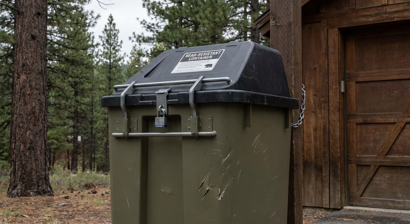 A heavy-duty outdoor trash can with a tight locking lid placed beside a garage, set up to reduce wildlife access