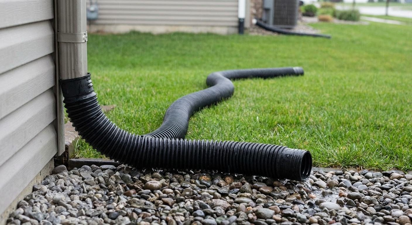 A home downspout with a black corrugated extension directing rainwater away from a lawn onto a gravel area