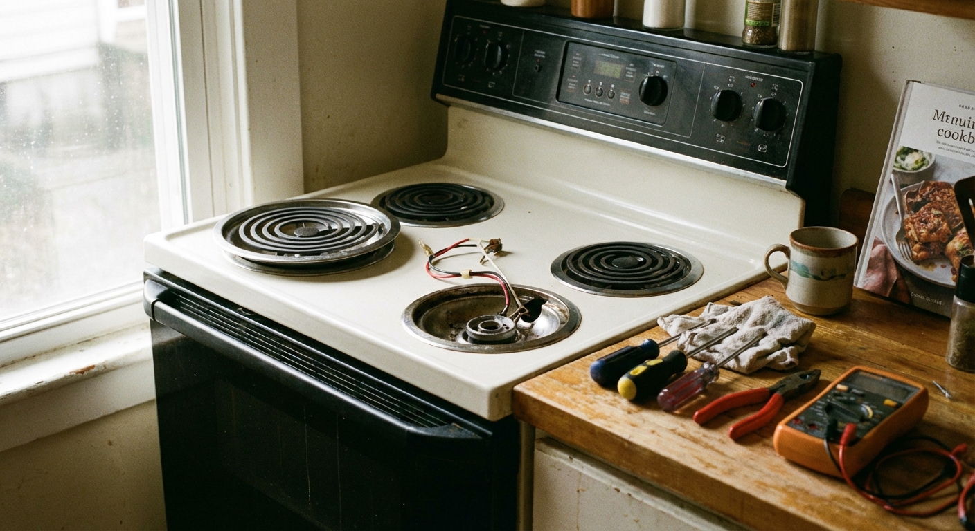 A home kitchen electric range with one burner removed and tools set on the countertop nearby, natural window light, real photo