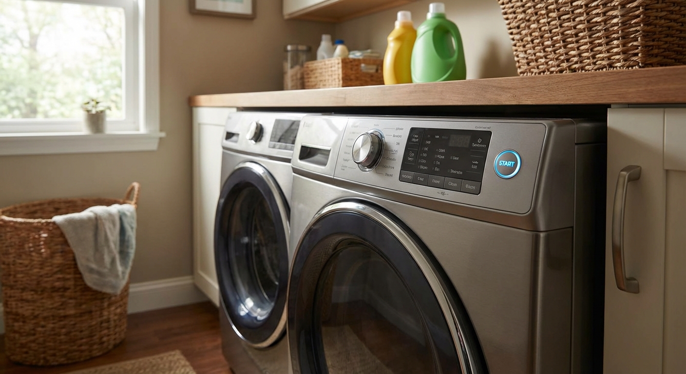 A home laundry room with a standard front-loading dryer sitting next to a washer, the dryer control panel visible and the start button in focus, natural indoor light, photorealistic