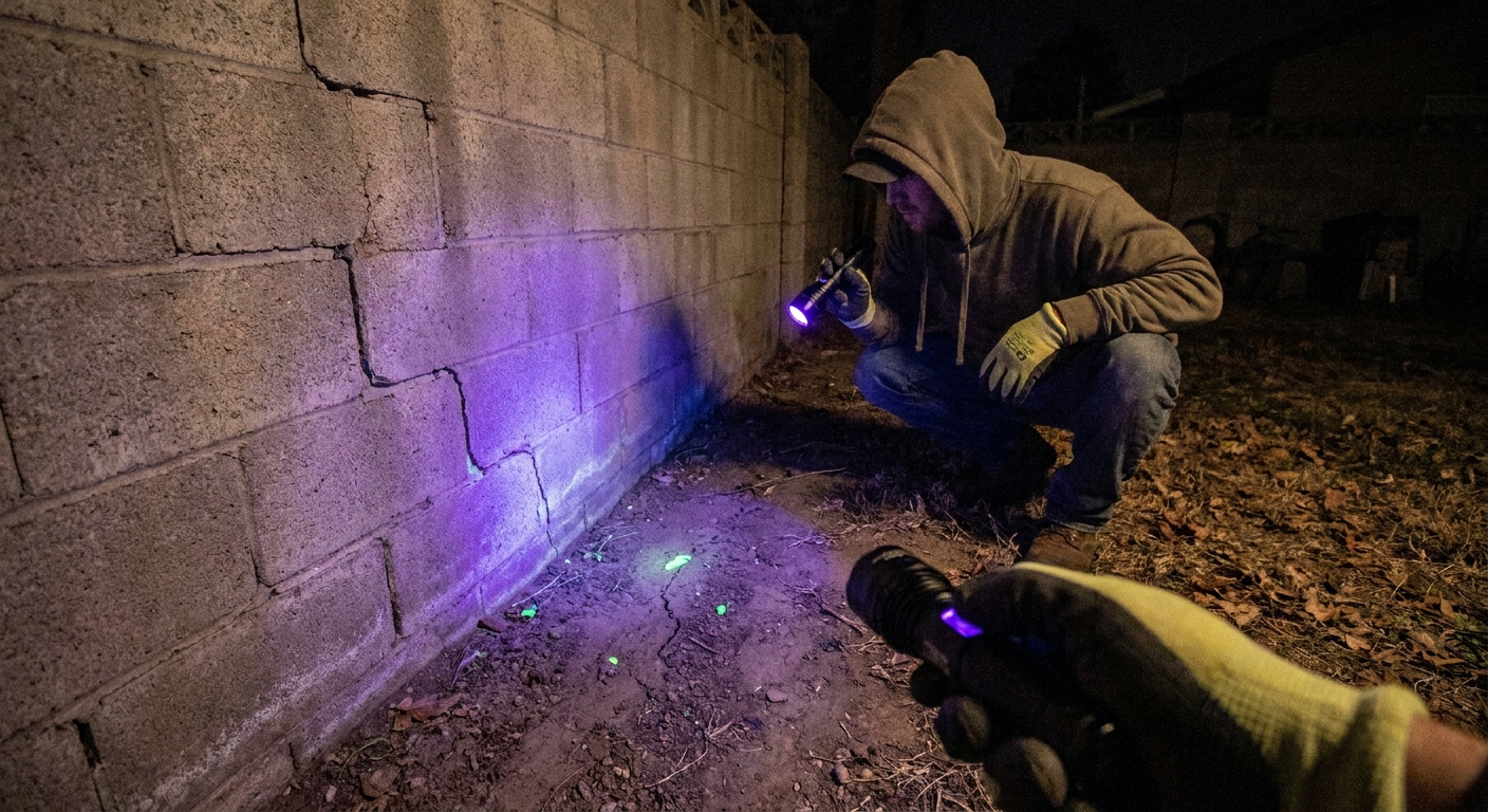 A homeowner at night shining a UV flashlight along a backyard block wall, searching the cracks near the ground