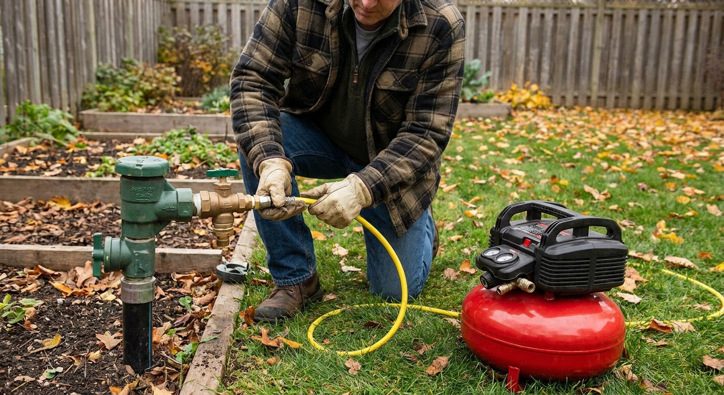A homeowner connecting an air compressor hose to an irrigation blowout fitting beside a residential backflow preventer in a backyard, real photo