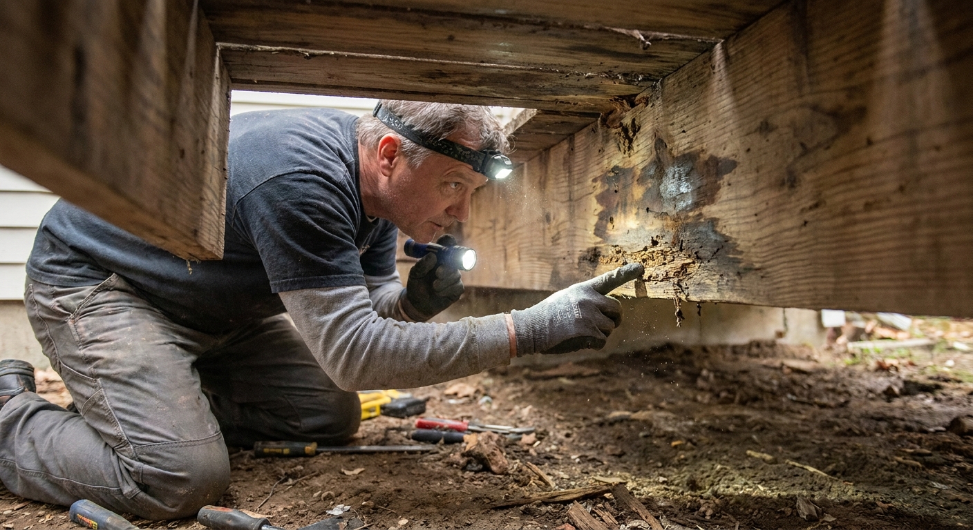A homeowner crouched under a deck shining a flashlight along the top edge of a joist to look for rot and water staining