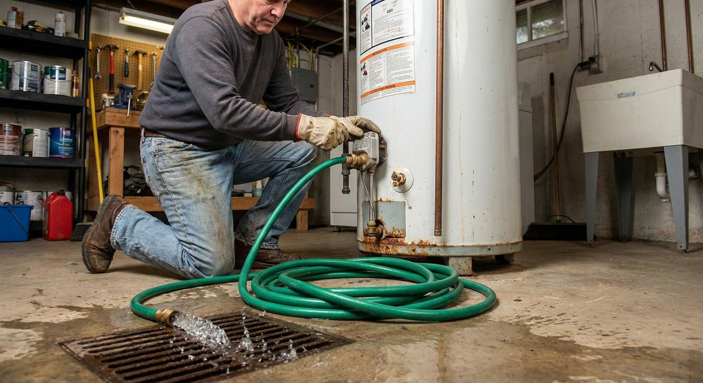 A homeowner draining a tank water heater with a garden hose connected to the drain valve and water flowing into a floor drain in a utility room, realistic home maintenance photo