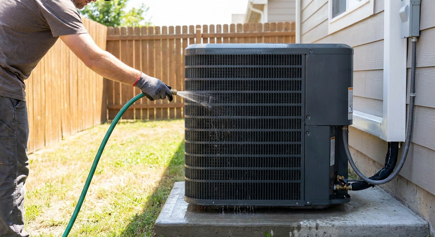 A homeowner gently rinsing a ductless mini-split outdoor condenser coil with a garden hose on a concrete pad