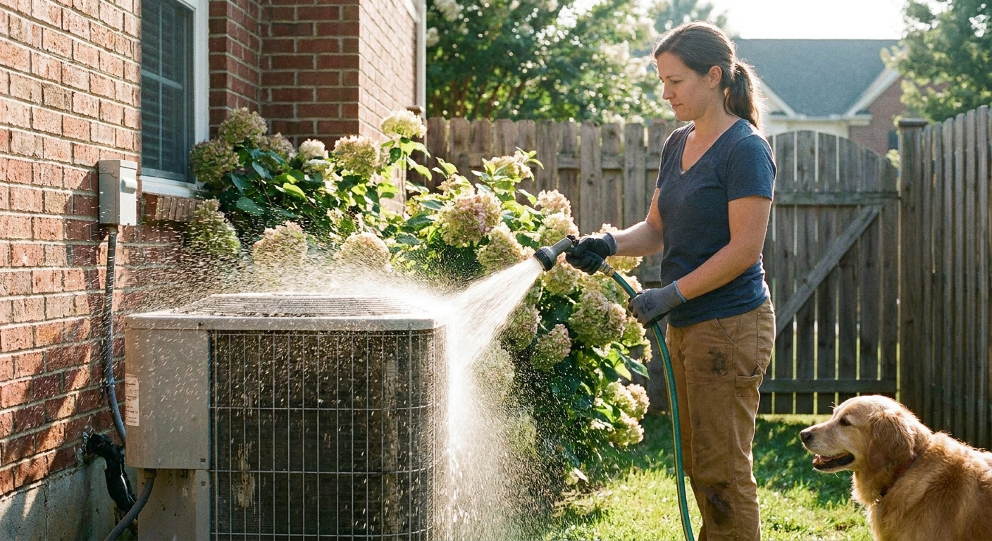 A homeowner gently rinsing an outdoor AC condenser unit with a garden hose beside a house on a sunny day, real photo