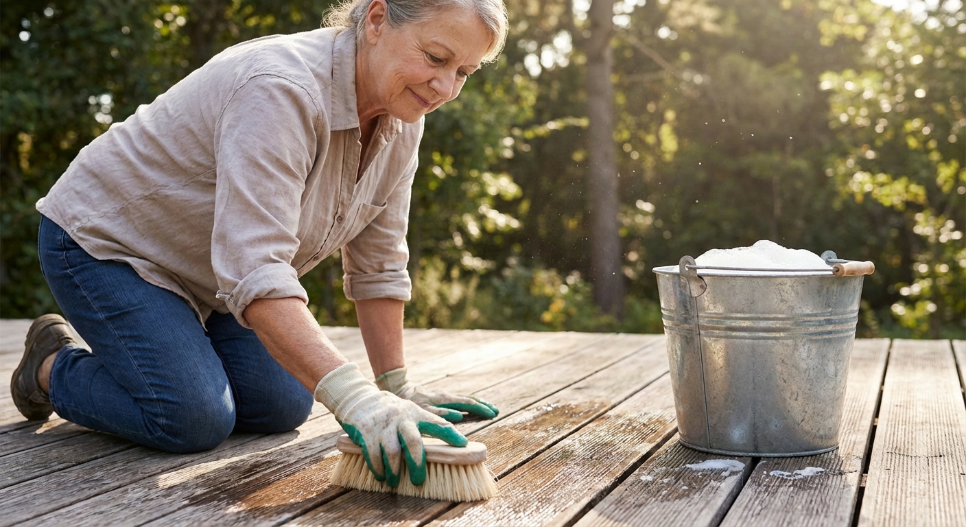 A homeowner gently scrubbing a deck board with a soft brush and a bucket of soapy water