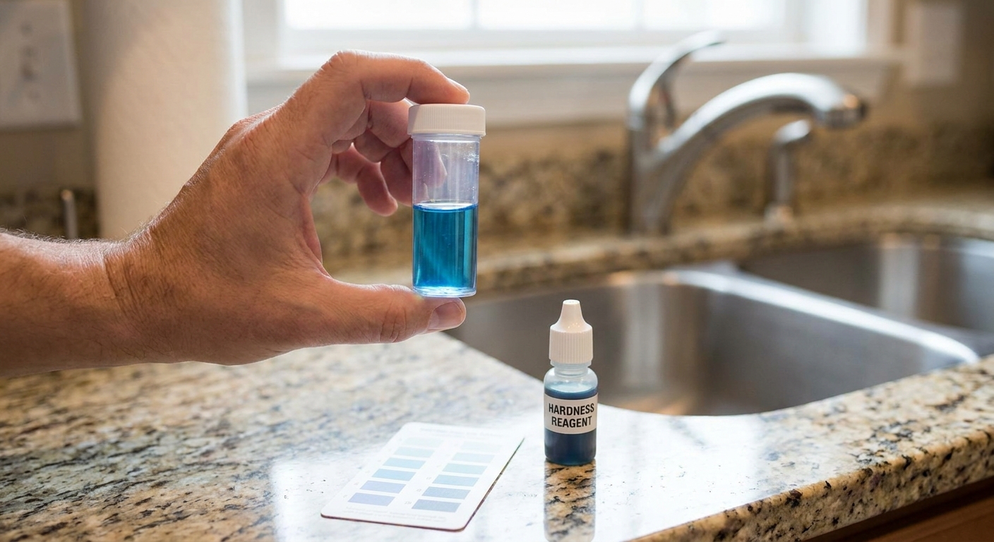 A homeowner hand holding a water hardness drop test vial on a kitchen counter next to the sink, real photo style