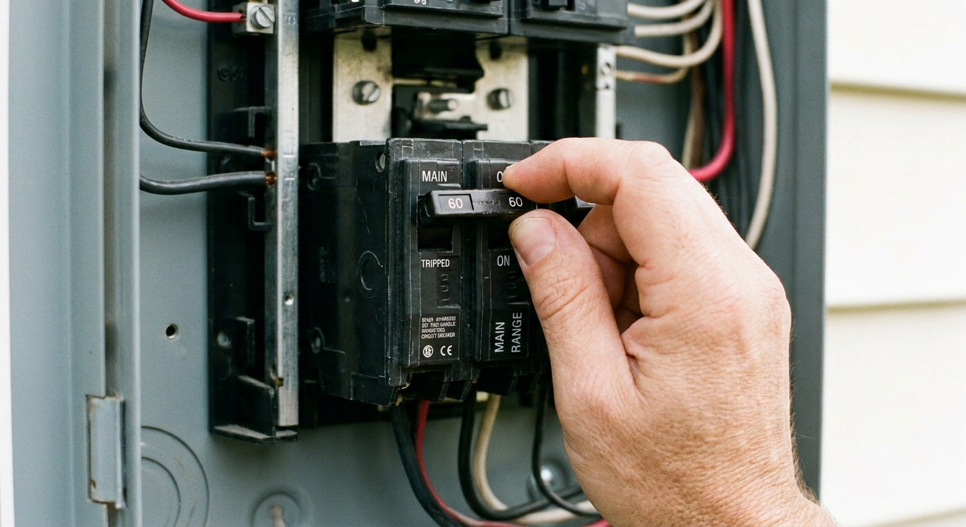 A homeowner hand resetting a double-pole breaker in a residential electrical panel, photographed up close