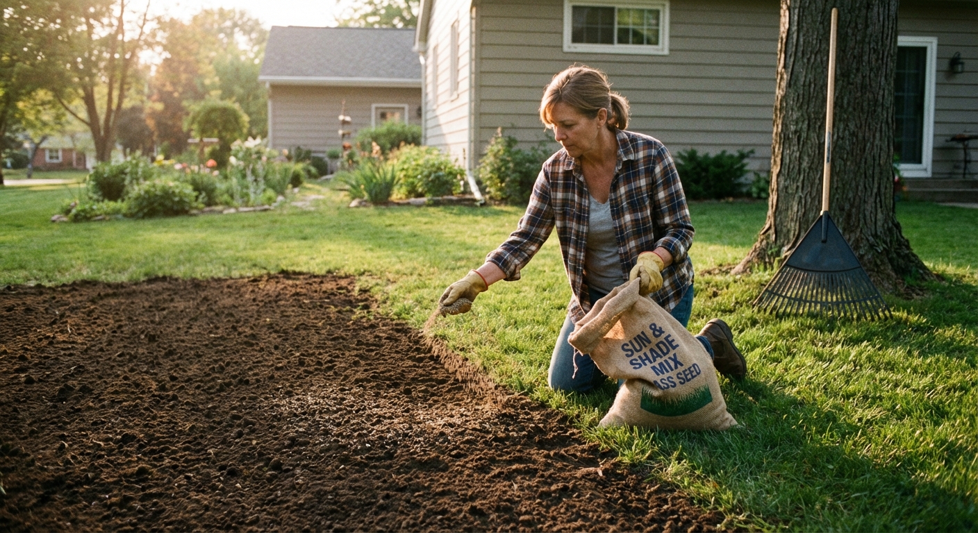 A homeowner hand-spreading grass seed over a freshly raked bare patch in a lawn, with a bag of seed nearby and soft evening light, photorealistic