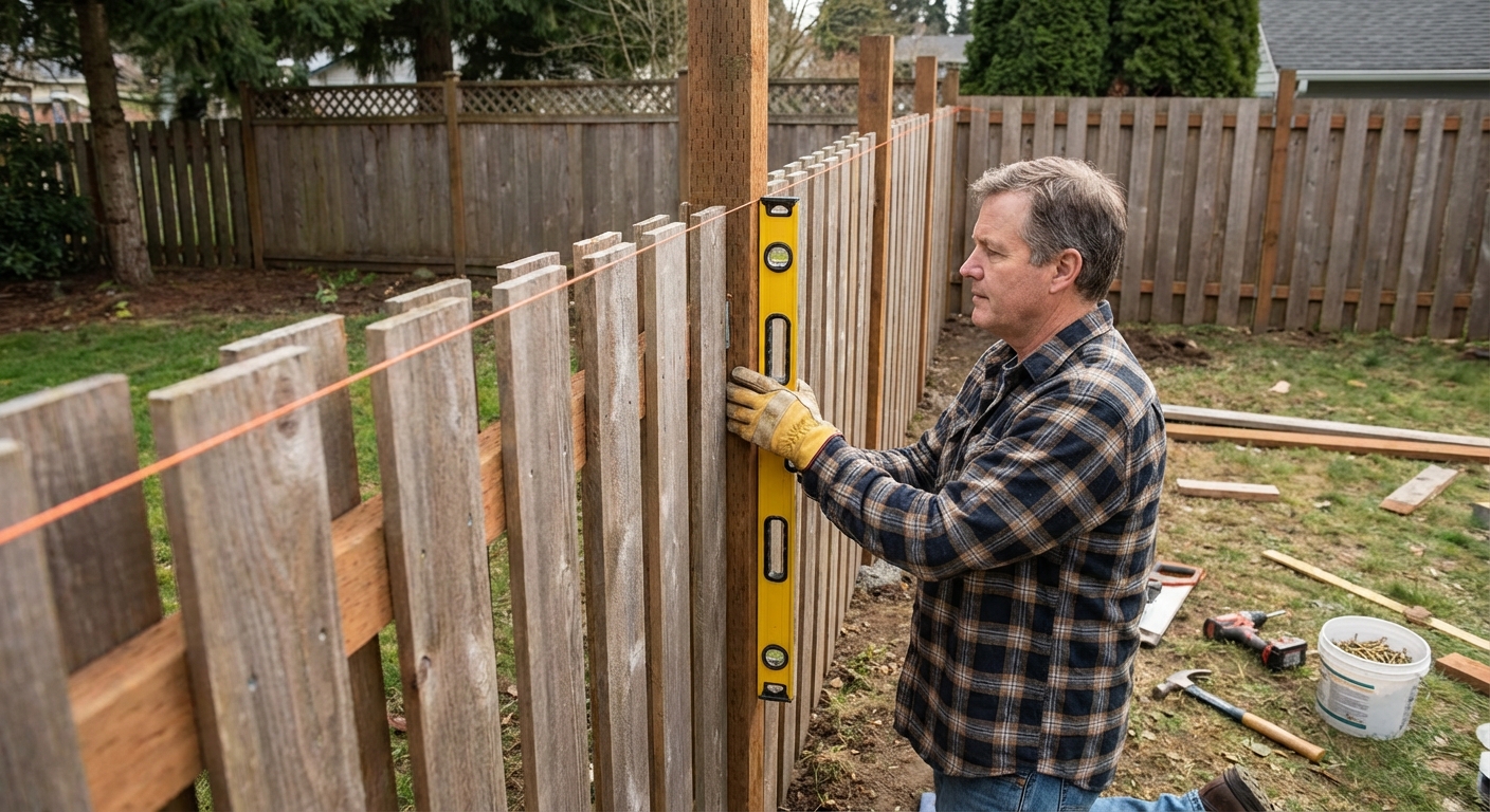A homeowner holding a bubble level against a wood fence post while a taut string line runs along the top of the fence, DIY repair scene, photorealistic
