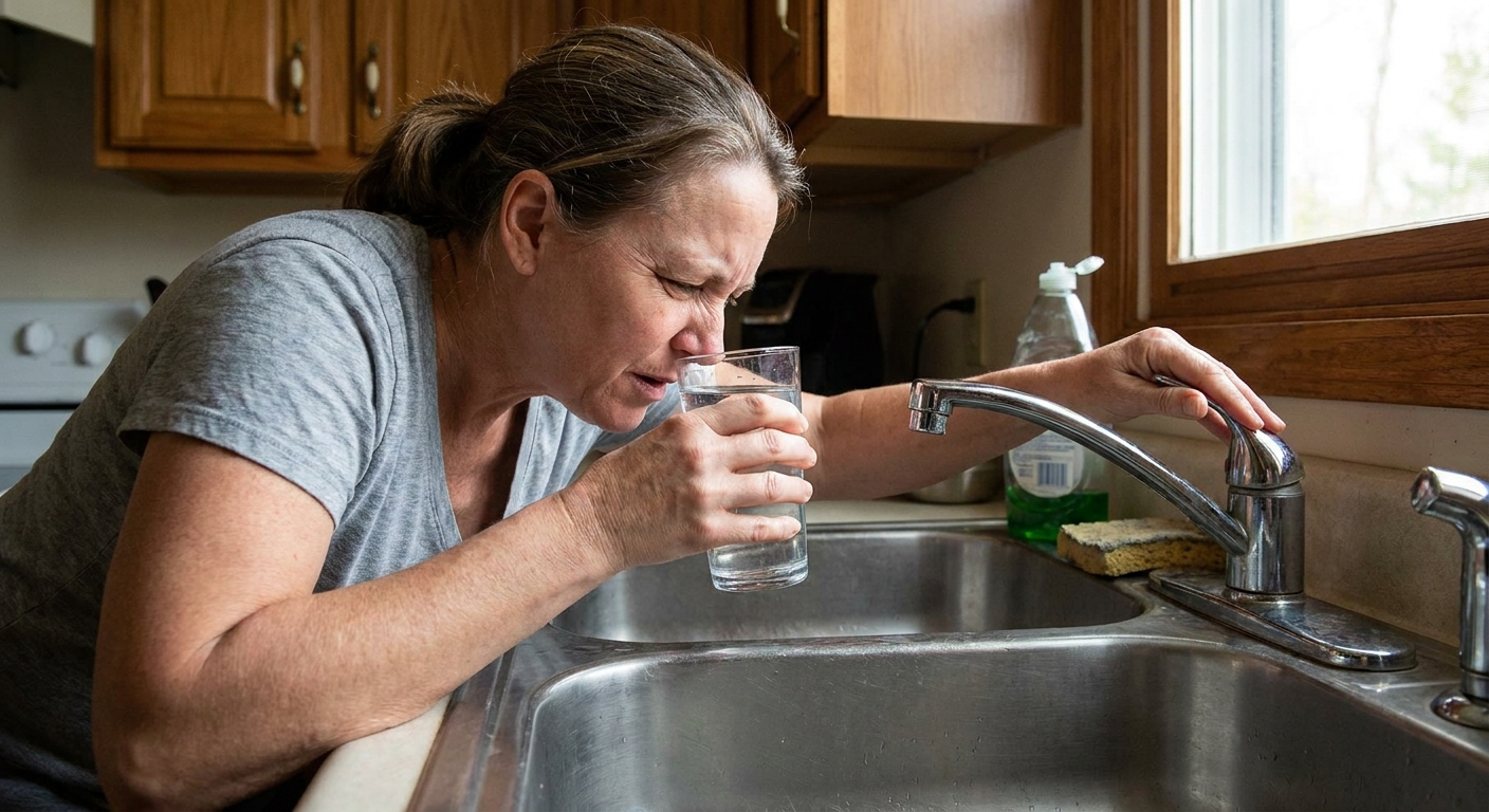 A homeowner holding a clear glass of water near their nose at a stainless kitchen sink, checking for a rotten egg smell, real photo