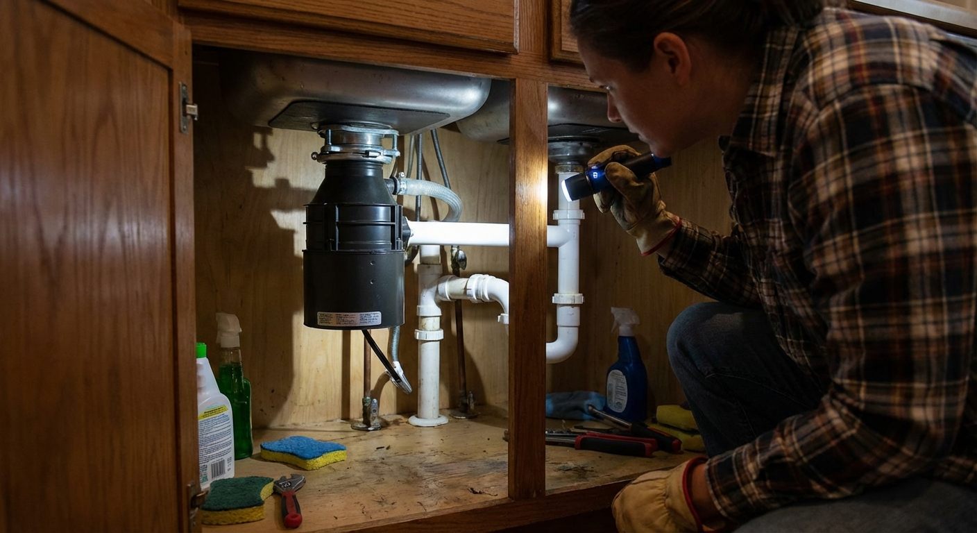 A homeowner holding a flashlight inside a kitchen sink cabinet while inspecting a garbage disposal and drain pipes, realistic indoor home maintenance photo