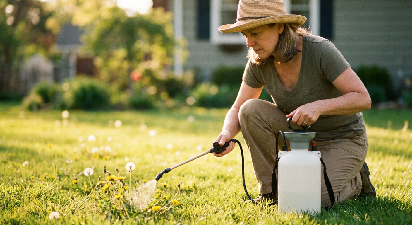 A homeowner holding a handheld pump sprayer and carefully spot-spraying weeds in a sunny lawn, with the nozzle aimed low and the background softly blurred