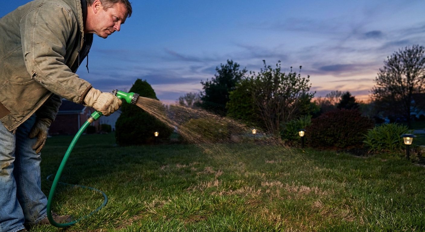 A homeowner holding a hose-end sprayer in a backyard lawn at dusk, applying a soil treatment evenly across grass, natural light photo