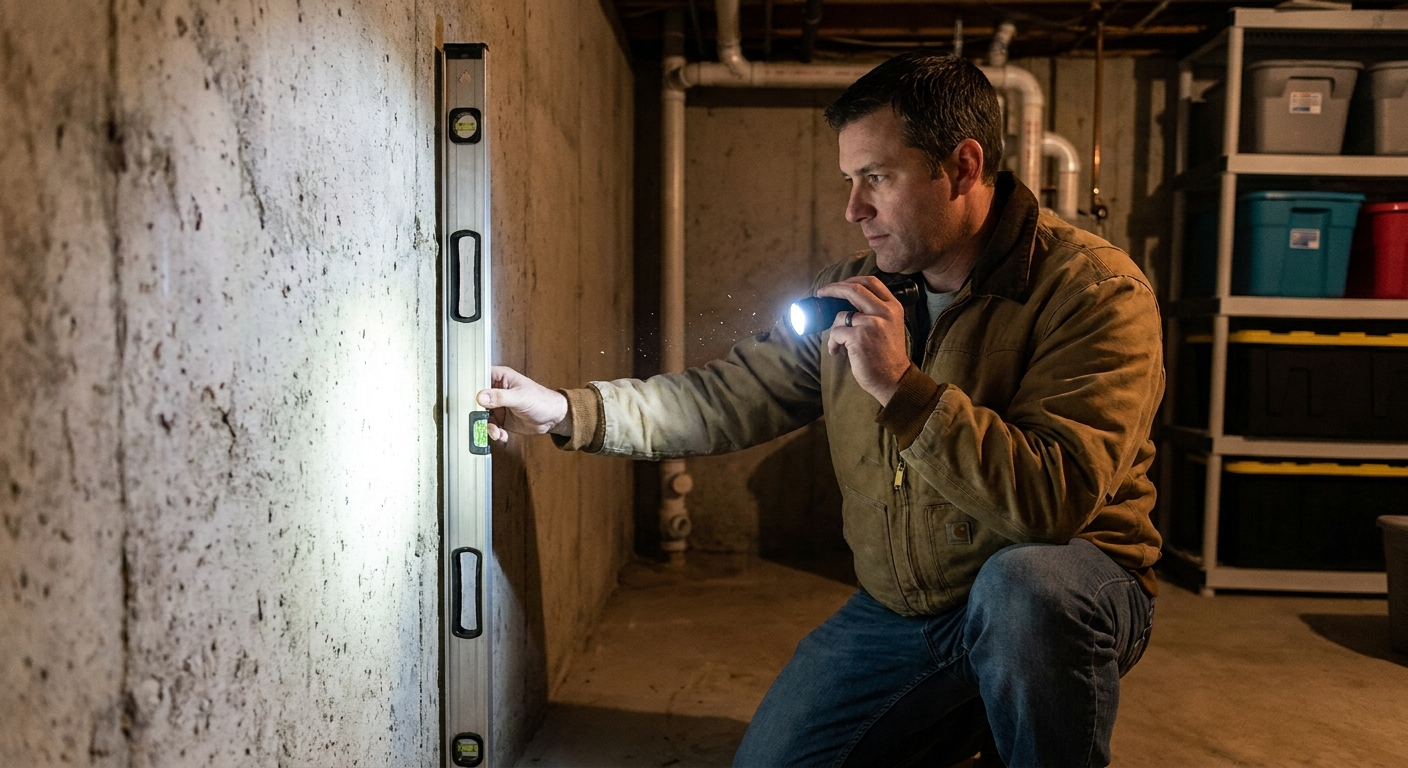 A homeowner holding a long level vertically against a basement foundation wall to check for inward lean, with a flashlight illuminating the surface