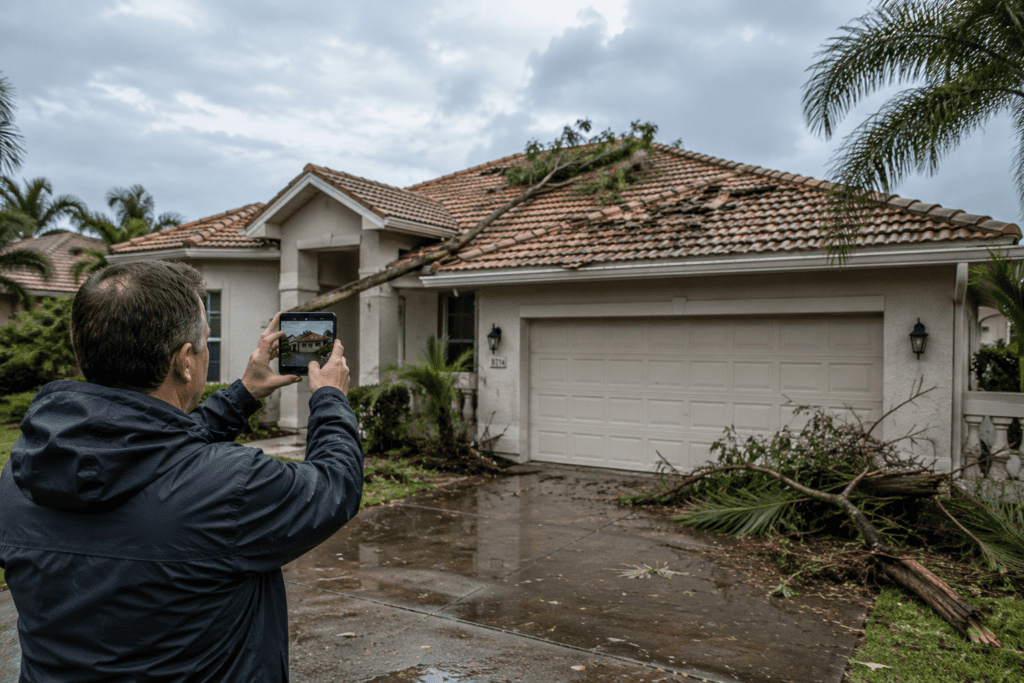 A homeowner holding a smartphone and taking a photo of storm-damaged roof shingles from the yard, overcast weather, real photo style