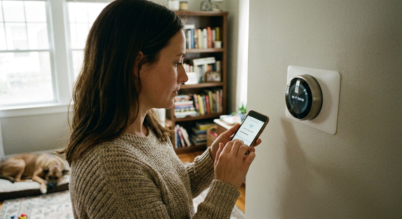 A homeowner holding a smartphone near a wall-mounted smart thermostat while entering a Wi-Fi password during setup, real indoor home photo